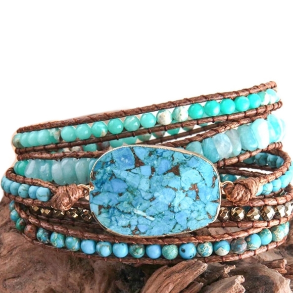 Svetlana Jewelry - Handmade Natural Blue & Leather Wrap Bracelet Eclectic Chic Style for the Summer